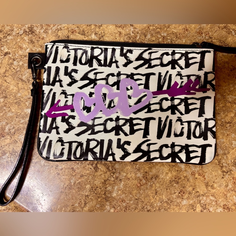 Victoria's Secret Black and White Clutch with Bold Text Design
